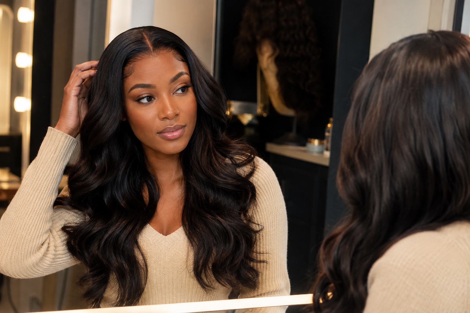 Black woman admiring long polished TNicole waves in a mirror