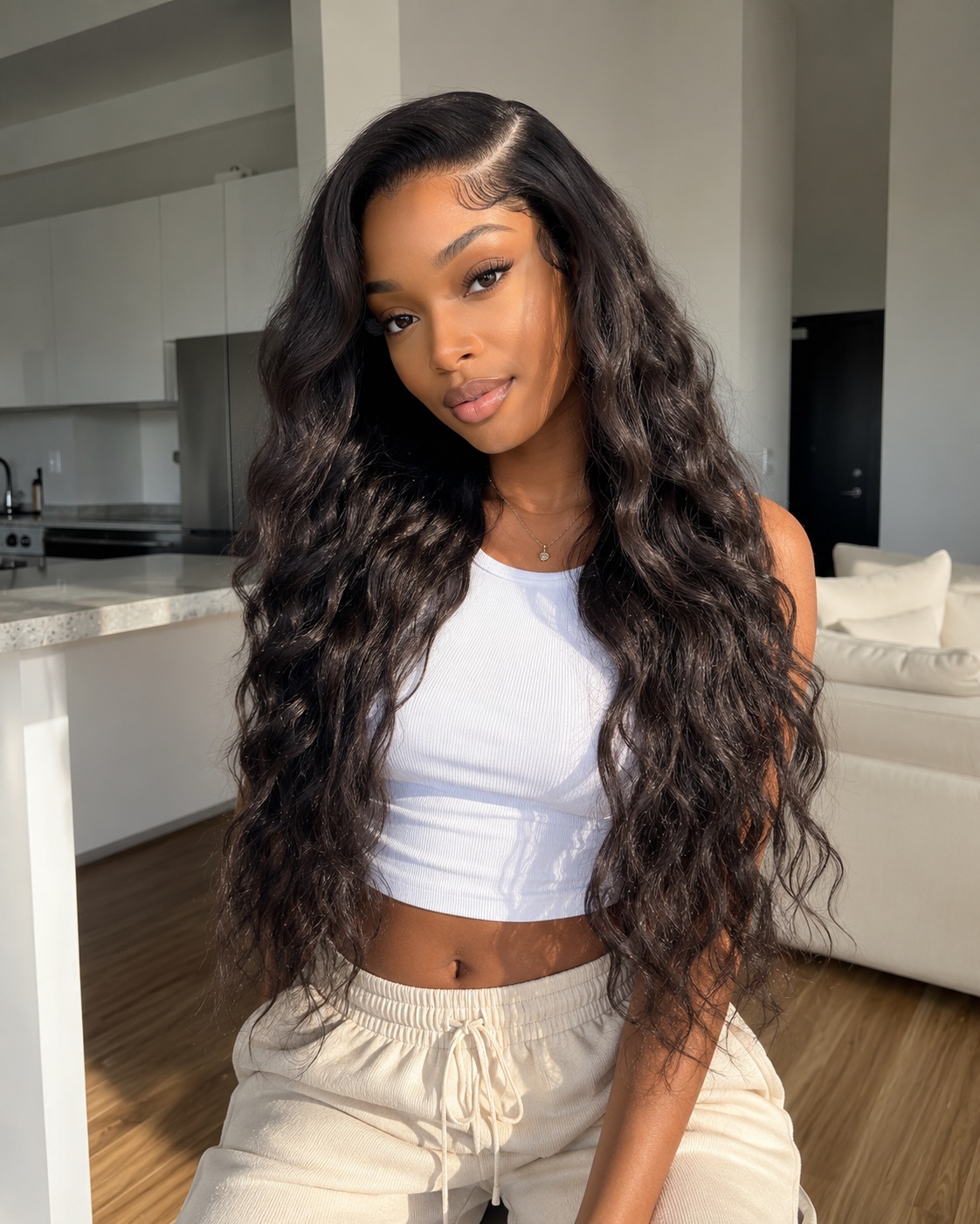 Black woman wearing long flowing TNicole waves at home
