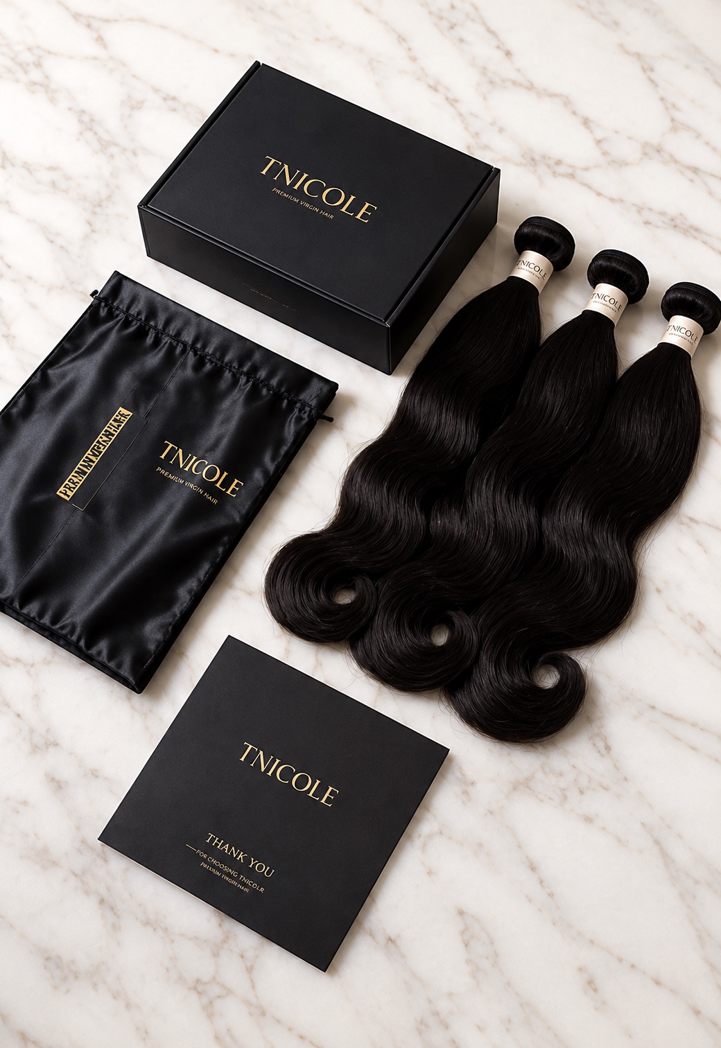TNicole black and gold luxury hair packaging with three premium bundles