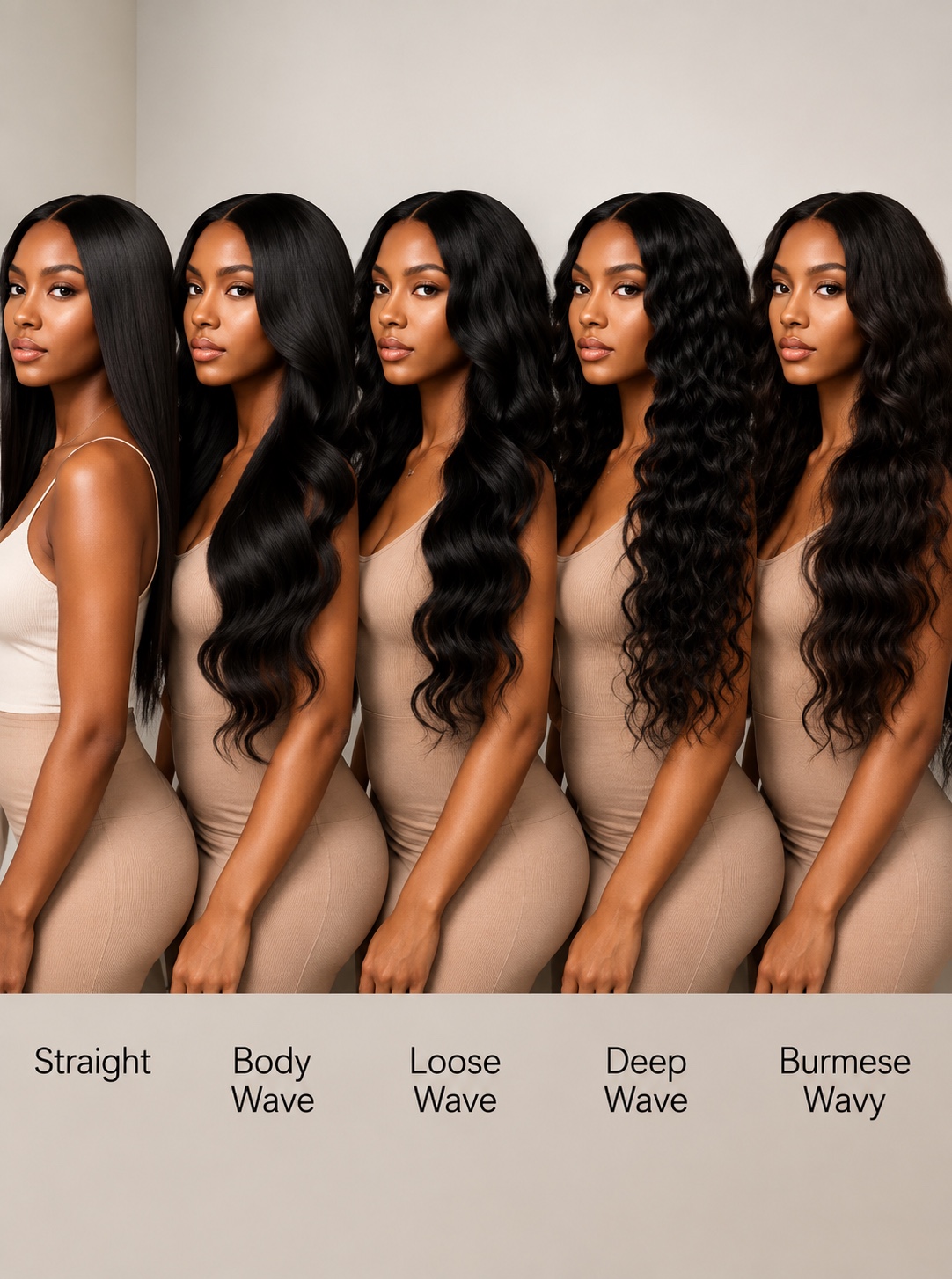 Five TNicole hair textures shown on Black women
